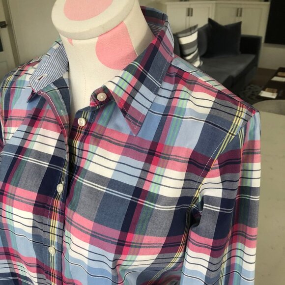 Chaps Petite No-Iron Plaid Button Down Lg Slv Cotton Shirt Blue Pink Wht Sz MP - Picture 3 of 12